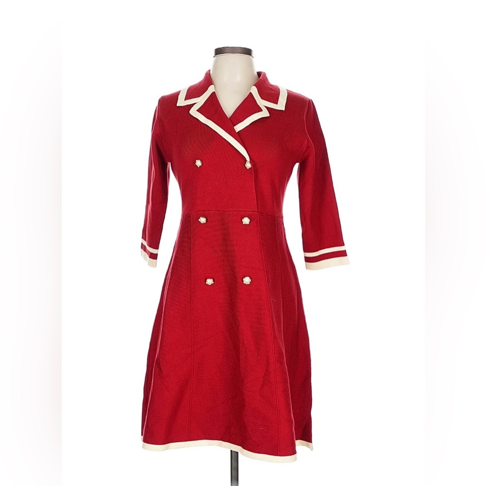 Elegant Vintage Inspired Red Midi Dress with White Trim